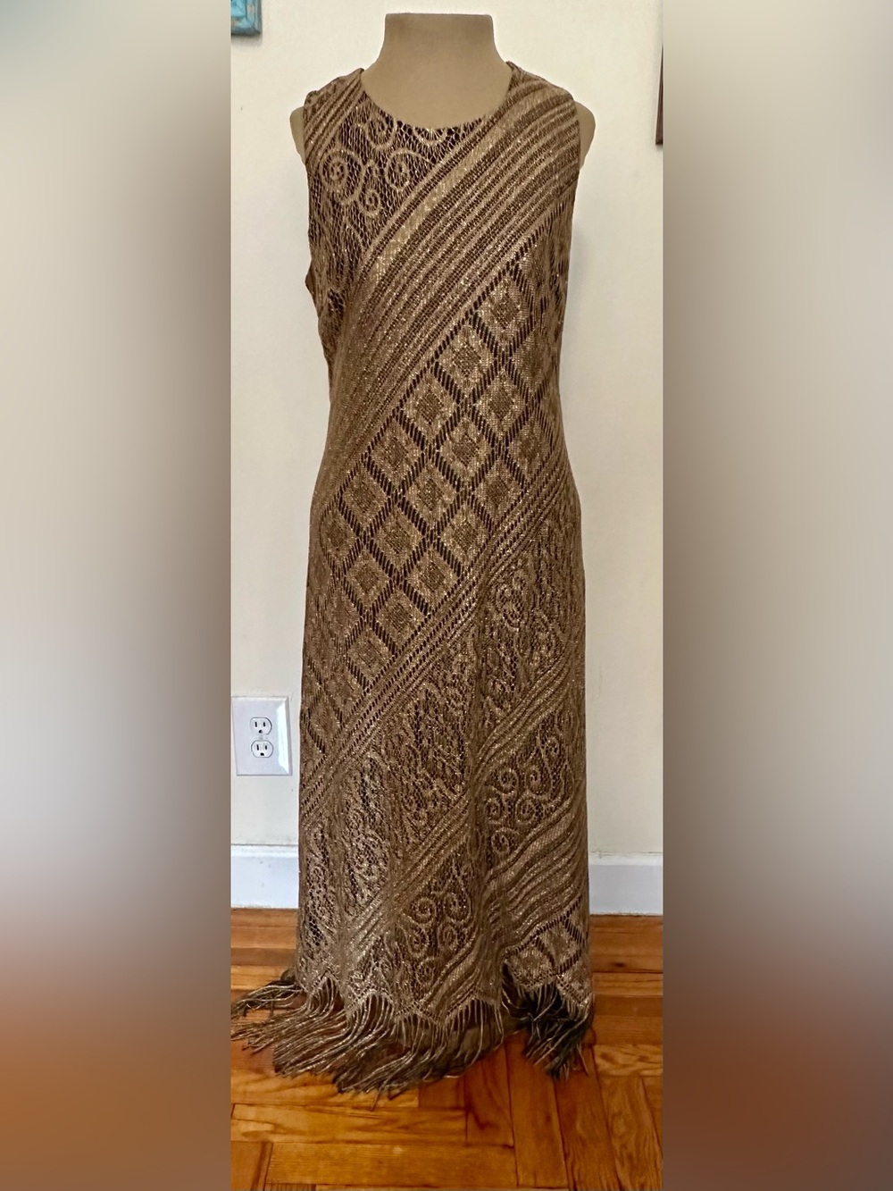 Helene Blake Sleeveless Brown Textured Maxi Dress with Fringe Hem